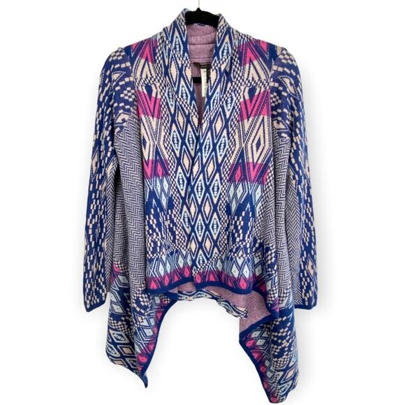 BCBGMaxAzria Cardigan - Moriah Ethnic Jacquard Sweater Wrap in Blue, Small - Picture 3 of 10